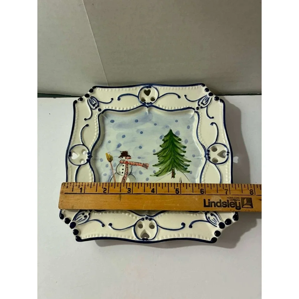 RCU Portugal Hand Painted Snowman Christmas Square Serving Plate Platter Decor